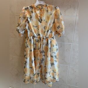 Tween girl loose casual mushroom collar puffy sleeve floral mid length dress 10Y